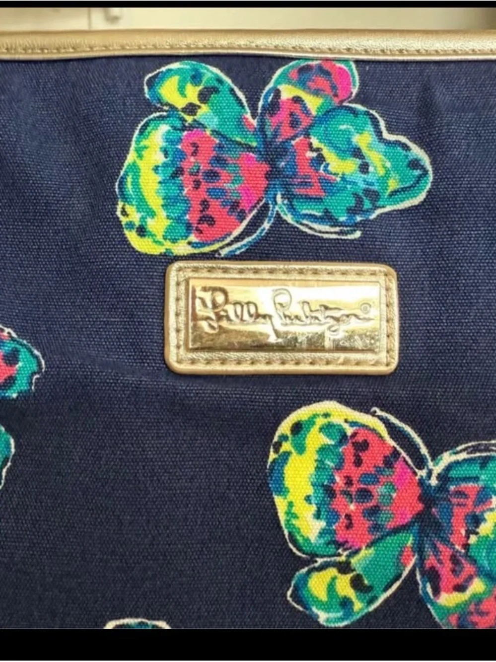 Lily Pulitzer Navy Butterfly Print Tote Bag with Gold Handles